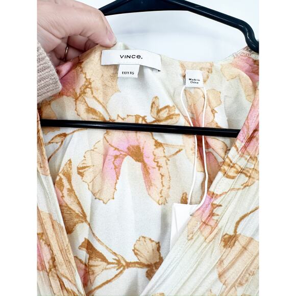 Vince Floral Print Plisse V-Neck Cap Sleeve Midi Dress Plus Size 1X NWT - Picture 4 of 8